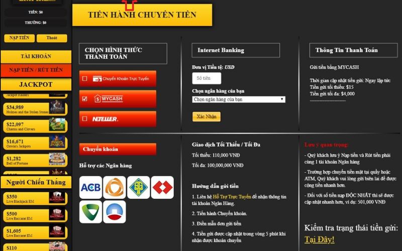 Lựa chọn hình thức rút tiền vn68